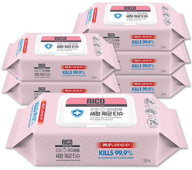 리꼬 유아용품 세정 제균 소독티슈 캡형 50매입, 6개
