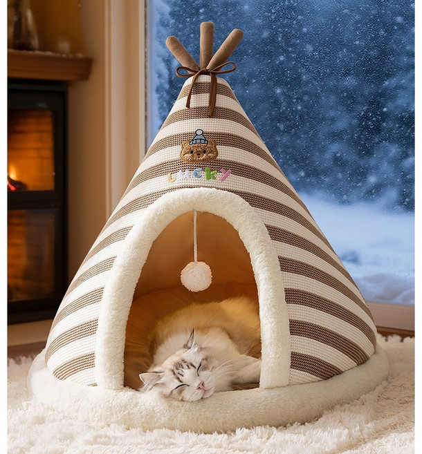 고양이 숨숨집 하우스 니트 보온 텐트 강아지 집 인디안, 1개, 브라운
