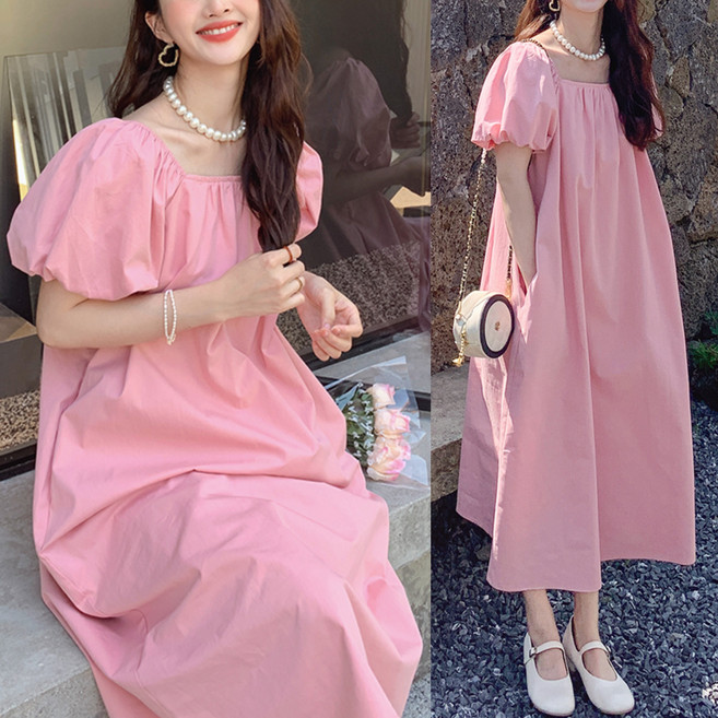 에쥬아 여름원피스 빅사이즈 임산부원피스 스퀘어넥 퍼프소매 롱원피스