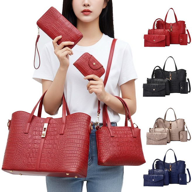 [르칸 크로커다일백 4종] 여성 토트백 효도백 엄마 어머니 선물 숄더백 크로스백 카드지갑 핸드백 4종세트 - 르칸/