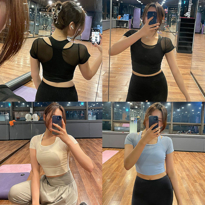 레이어드크롭티 브라탑 반팔 메쉬 운동복 트레이닝 슬림 요가 스포츠웨어