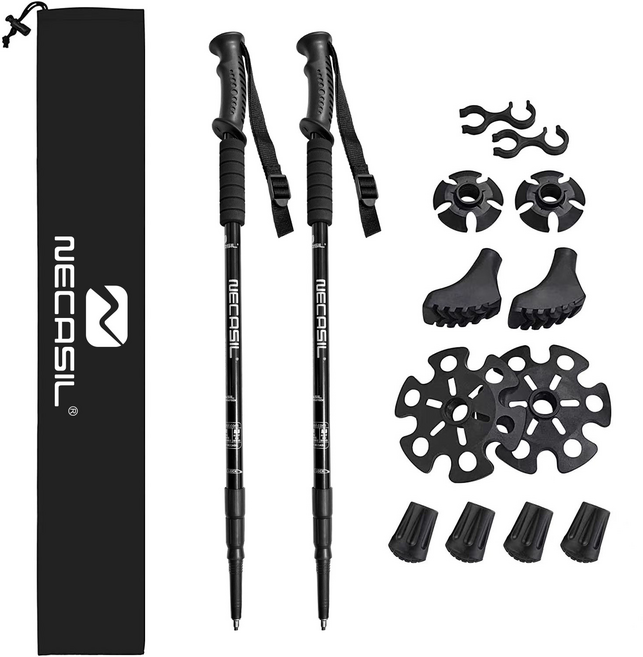 3단 초경량 등산 스틱(2개) + 스틱 커버 알루미늄 합금 소재 강력한 지지력 남녀 공용 다양한 환경에 맞춰 교체 가능한 부품 제공, 1세트, 검정색