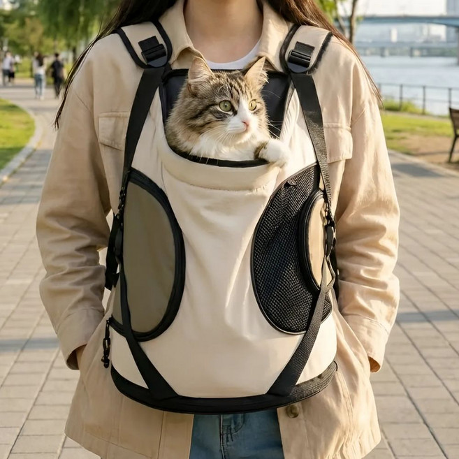 끼리온 강아지 아기띠 반려동물 프론트백 애견 포대기 이동 가방, 1개, 크림