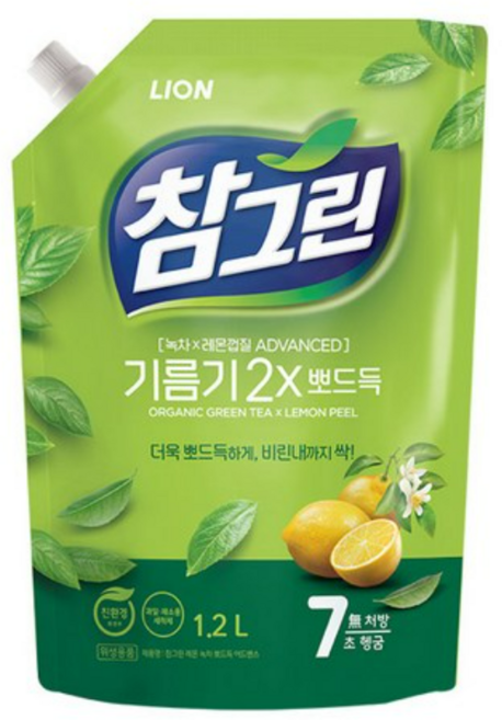 참그린 녹차 기름기 2X 뽀드득 주방세제 리필 1.2L x 3개