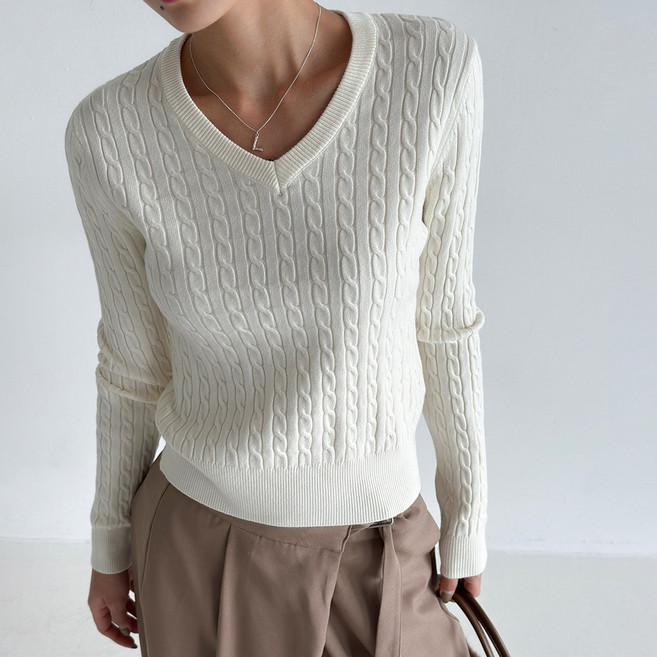 꽈배기 니트 라운드 브이넥 가디건