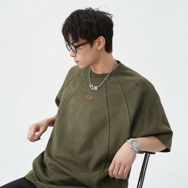 HANYO 남성용 스웨이드 질감 입체 분할 디자인 루즈핏 캐주얼 반팔티