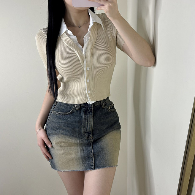 VANANA2 레이어드 스타일 반팔 셔츠 크롭 가디건 3color