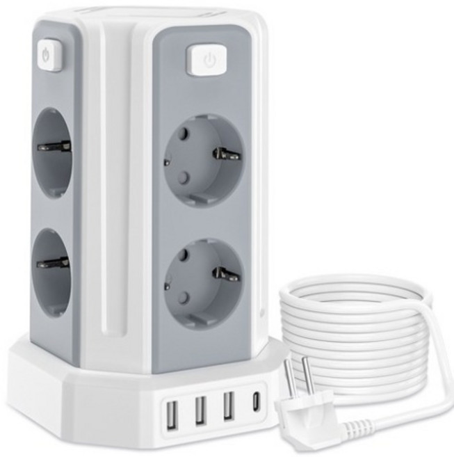 과부하차단 USB 타워 멀티탭 - 블랙 - 3M 전선 - USB 멀티탭 12구 (8소켓 3*USB-A 1*USB-C) KC 인증서 취득, 하얀색, 1개