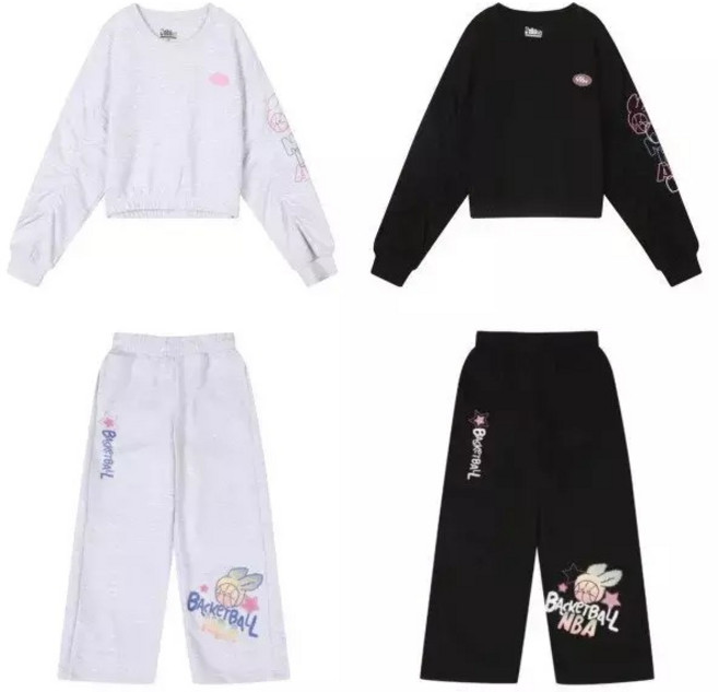 [NBA키즈 매장 정품] NBA 세미 크롭 밴딩 맨투맨 와이드 팬츠 셋업 (허리 안쪽 스트링으로 사이즈 조절 가능)