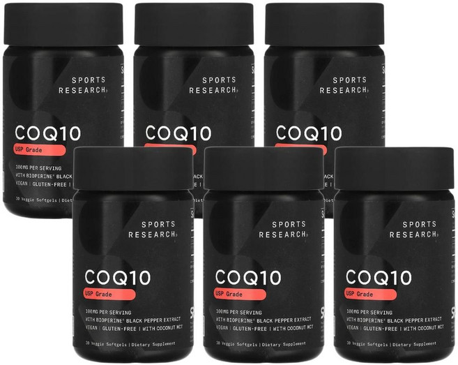 스포츠 리서치 CoQ10 USP 등급 BioPerine 함유 100mg 베지 소프트젤 30정 6개, 30 Veggie Softgels