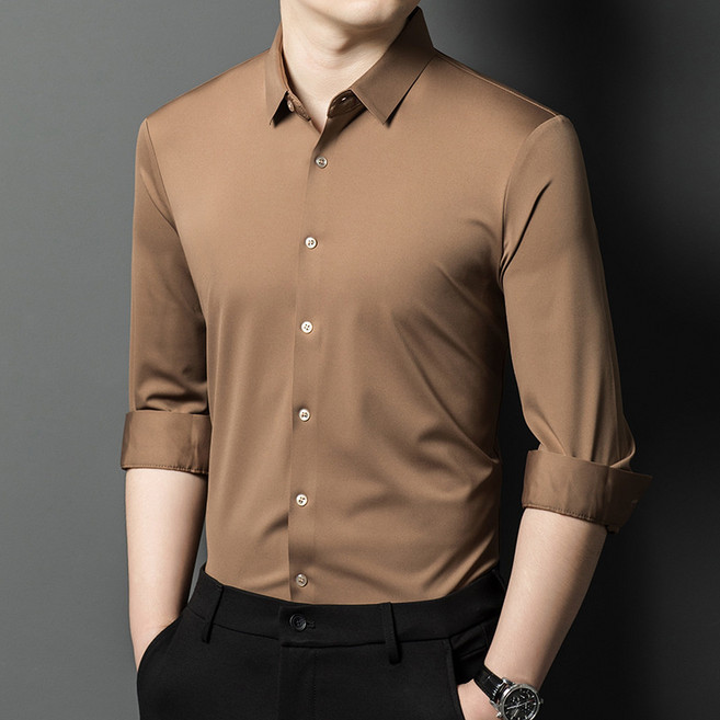高端春秋薄款天絲棉中青年純色上衣襯衫長袖男士商務翻領大碼襯衣