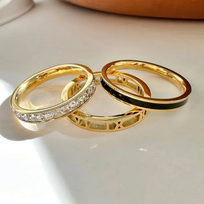 르부포유 [3개세트] 써지컬스틸 로마 큐빅 블랙 쓰리 레이어드 반지 3color