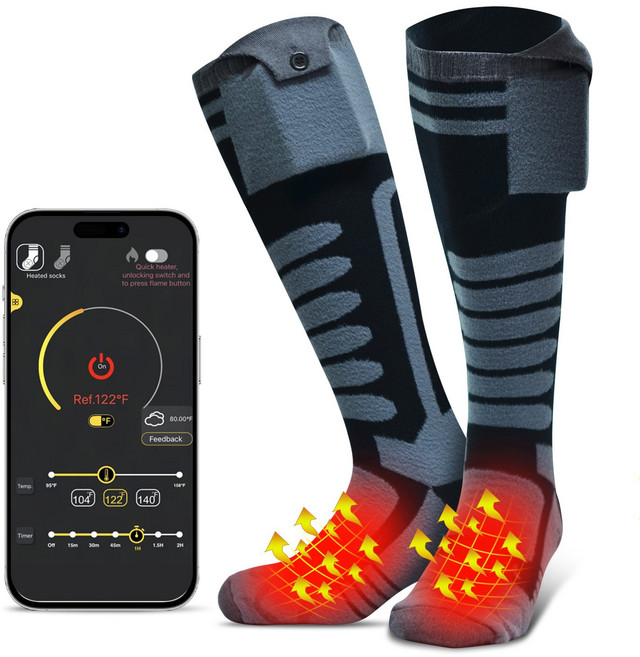 KLIFE 발열양말 3단 온도 조절 남녀공용 발열 크리스마스 스타킹 5000mAh보조배터리*2 겨울 야외 방한 등산 스키 골프 양말, 멀티(혼합)컬러, FREE (One Size), 회색
