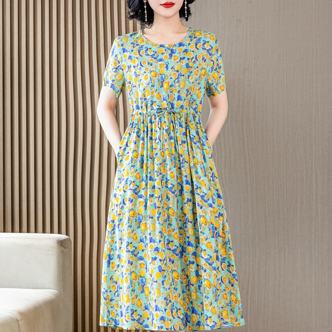 DIU 中老年女棉綢連衣裙40-50歲媽媽裝夏季短袖寬鬆中長款棉裙子, 5XL 建議150-165斤