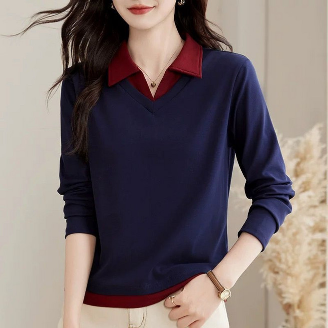 Neirny 중장년여성 폴로넥 긴팔티셔츠 빅사이즈 봄 가을 솔리드 엄마룩 간절기 하객룩 카라넥 상의 골프 이너티 데일리 루즈핏 패치 티셔츠