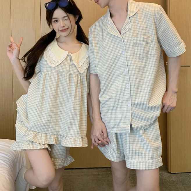 [러빙리] 죠이체크커플 여름 반팔 파자마 원피스 잠옷 홈웨어 상하세트