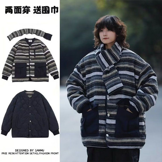 SANMU 冬季日系復古雙面穿加厚棉服