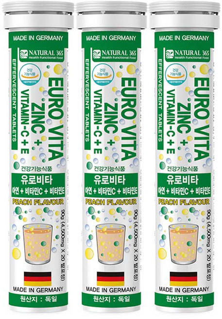 내츄럴365 유로비타 아연 + 비타민C + 비타민E 복숭아맛, 20정, 3개