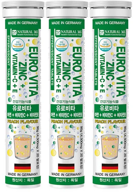 내츄럴365 유로비타 아연 + 비타민C + 비타민E 복숭아맛, 20정, 3개 - 쿠팡