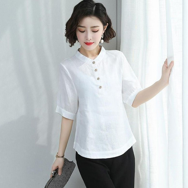 메인워크 중년 여성 빅사이즈 반팔 셔츠 여름 엄마룩 면 마 빈티지 루즈핏 기질 하객룩 냉장고 아이스 린넨 셔츠