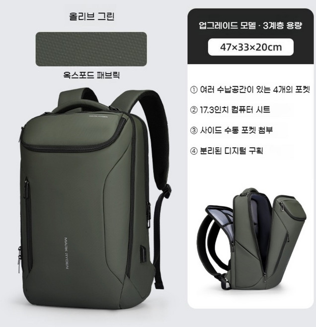 마크라이덴 17인치 노트북 가방 경량 백팩 대학생 비즈니스 직장인 사무용, 그린 업그레이드, 1개