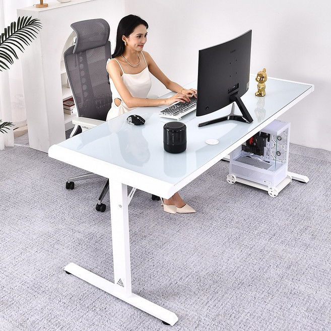 아우스 AUS 강화유리 컴퓨터책상 게이밍책상 컴퓨터테이블 학생책상 서재책상 사무용책상 1인용 2인용 추가택배비용 전혀 없음, 화이트+화이트