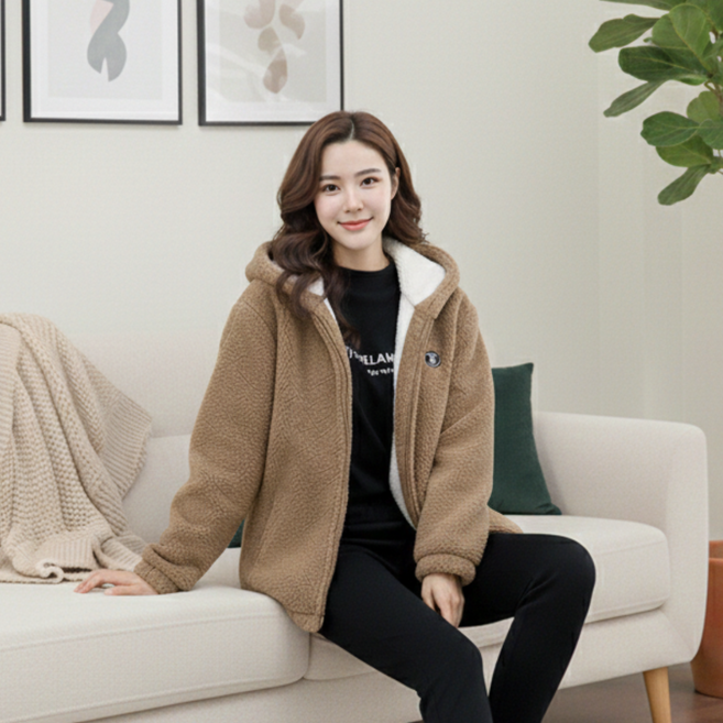 에쉬울프 겨울 여자 루즈핏 기모 두툼 플리스 후드집업 중년여성 뽀글이 후리스 후드 자켓 점퍼 코트