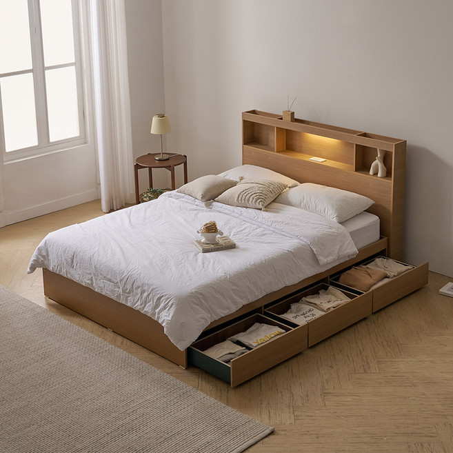파로마 이즈 카이 LED 수납침대 슈퍼싱글 퀸, 오크, 06_침대프레임Q ISG066