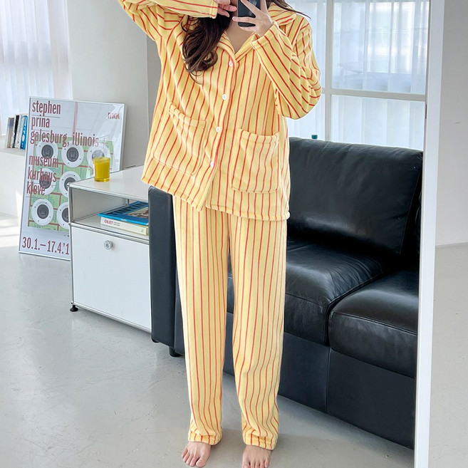엘라운지 빅사이즈 스트라이프 밍크 극세사 여성 파자마 상하세트