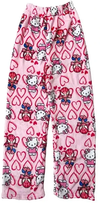 헬로 키티 스파이더맨 수면 바지 Y2K 애니메이션 파자마 바지 플란넬 소프트 캐주얼 바지 만화 홈 바지