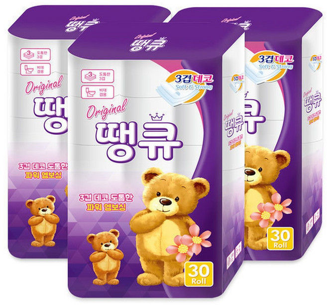 오리지널 땡큐 3겹 두루마리 휴지 화장지 30롤 3팩, 90개