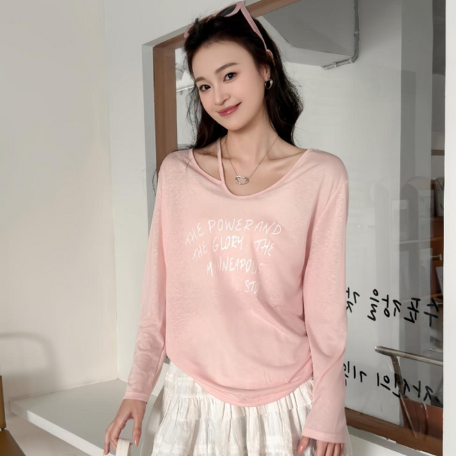 무니유유 텐셀원단 홀터넥 오버핏 냉감 아이스 쿨 시스루 긴팔 티셔츠