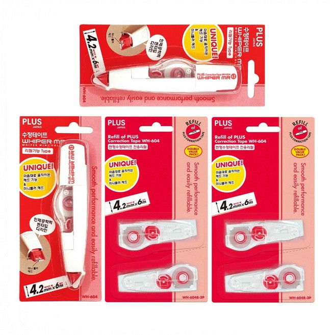 더주니 플러스 수정테이프 화이퍼 MR WH-604 (본체+리필) 세트, 1세트, 레드 본품 2개 + 리필 2개