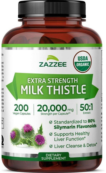 Zazzee 밀크시슬 2000mcg 밀크씨슬 실리마린 플라보노이드 비건 200캡슐