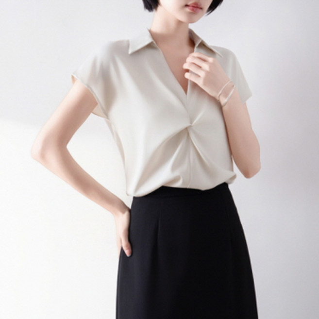 뉴욕멋쟁이 오피스 V넥 카라 반팔 셔링 블라우스