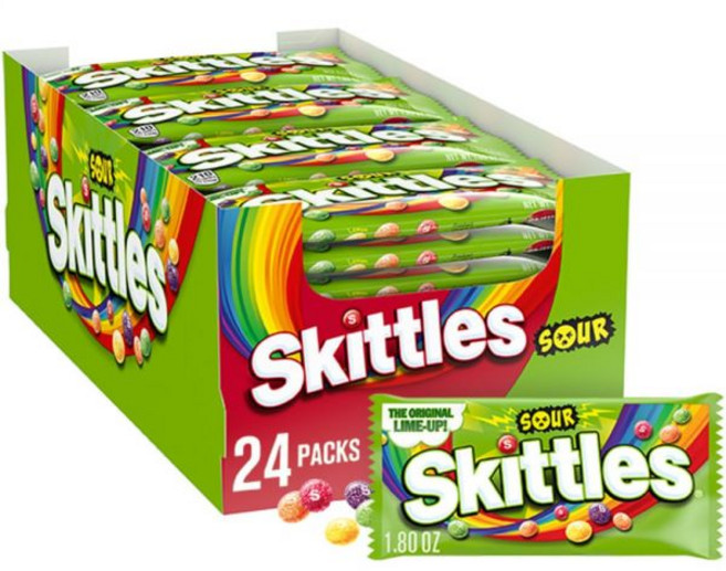 Skittles 캔디 스키틀스 사워즈 개별 포장 풀사이즈 쫄깃한 사탕 팩 24개 묶음 박스, 사워, 49.9g