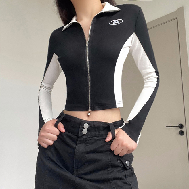 여성 슬림핏 반집업 긴팔 티셔츠 크롭 캐주얼 데일리 여름 상의04997