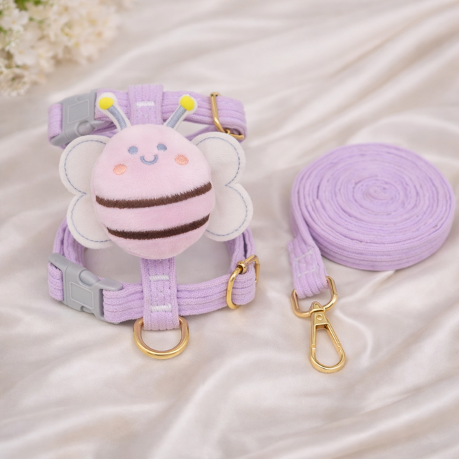 멜로우위시 강아지 고양이 꿀벌 H형 하네스 리드줄 세트 120cm, 파스텔 퍼플, 1개