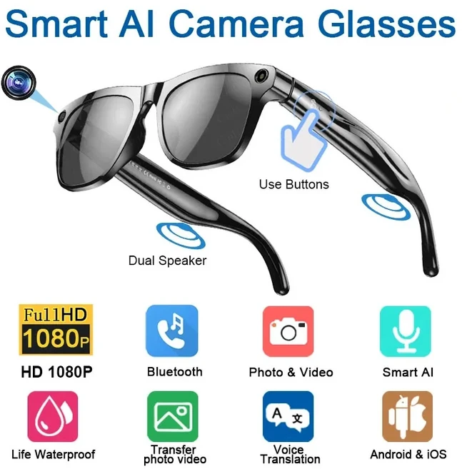 4K HD AI 스마트 안경 Chat GPT 100MP 카메라 블루투스 통화 260mAh 배터리 음성 비서 제어 스마트 안경 20, 04 Black