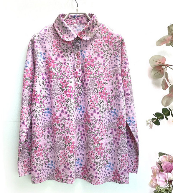 국민할매 국내생산 할머니옷 봄 가을 클레시 면 슬라브원단 안개꽃 카라티셔츠[ALA-12] 춘추 요양원옷
