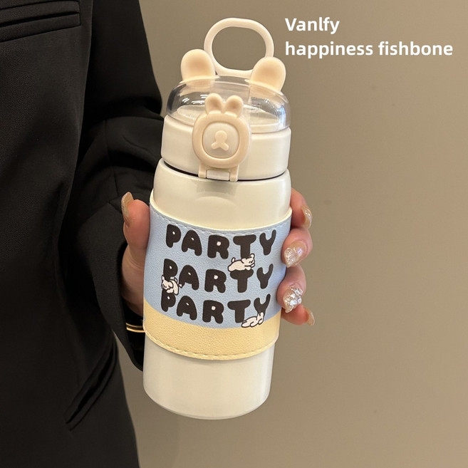 DFMEI 빨대컵 304 스테인리스 텀블러 여자 DIY 물컵 대용량, 화이트 토끼귀 텀블러 PARTY-400ml, 싱글컵+가죽커버+강아지스티커, 1개