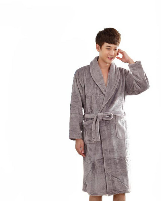 法蘭絨加厚款睡袍 - 休閒灰 珊瑚絨保暖浴袍/浴衣/家居服