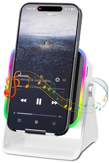 무선 인덕션 스피커 5-in-1 블루투스 스피커 휴대폰 홀더 서라운드 사운드 3500mAh 8 RGB 주변 조명 360° 조절 가능한 스탠드 아이폰/안드로이드/아이, 화이트