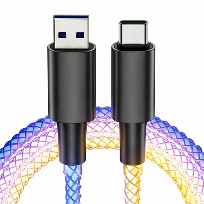 RGB LED 충전케이블 A to C 고속 USB C 케이블 발광 브레이드 데이터케이블, 1개, 혼합색상, 2m