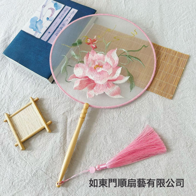 DIU 團扇刺繡古風圓扇中國風漢服古典長柄攝影扇旗袍夏季仙鶴舞蹈扇子, 1個, 芙蓉圓-刺繡:如圖