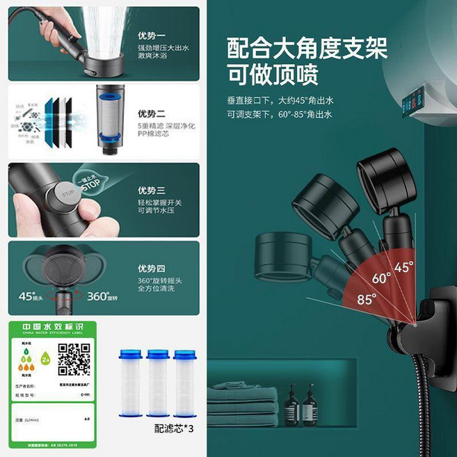 可旋轉彎頭花灑噴頭 增壓大出水 可調節角度, 1個, 增壓大出水 槍灰色 可調節手噴/頂噴兩用, 套裝1 花灑+1.5米防爆管/配三個過, 槍灰色