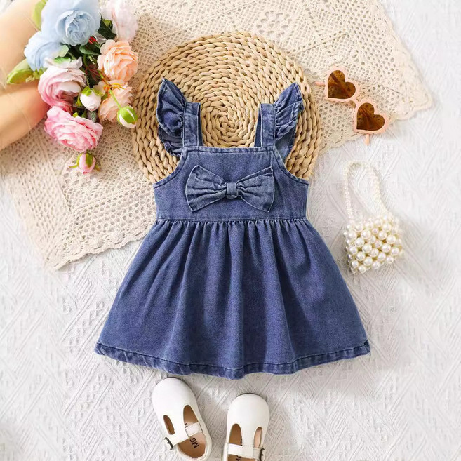 DFMEI 童裝夏季女童女嬰童吊帶洗水牛仔蝴蝶結連衣裙