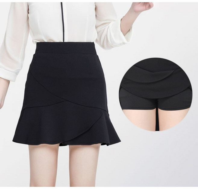 미시맵시 속치마 포함 튤립 A라인 미니 스커트 언발 검정 스판 허리밴딩 하이웨이스트 치마