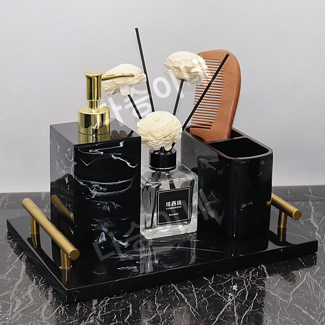 도자기 욕실세트 현대적인 미니멀리즘 스타일의 3피스 욕실 세면도구 세트 면봉 상자 칫솔 랙 욕실 장식 가벼운 럭셔리, 블랙 모조 500+150+칫솔 홀더+핸들, 1개