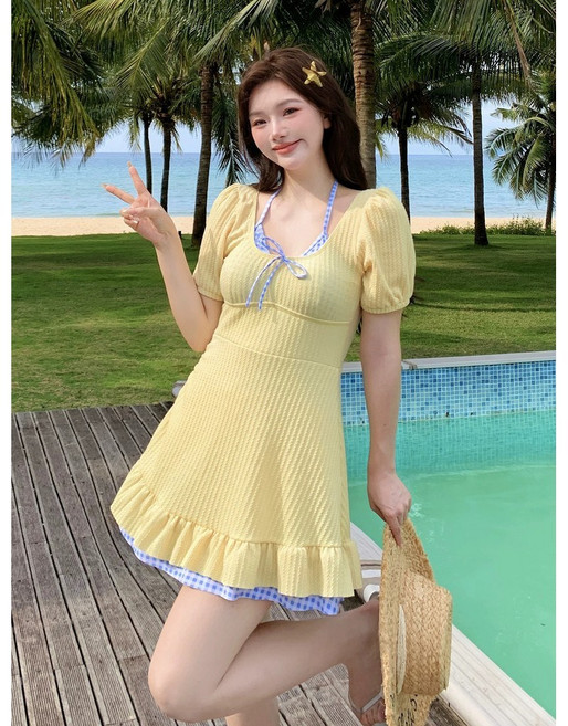 大尺碼連體裙式泳衣 保守顯瘦 適合微胖女孩 日系學生款 溫泉泳裝, 黃色,XL55.0 60.0公斤